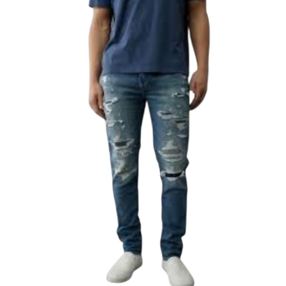 American Eagle Mens Blue Distressed Patched Straight Leg‎ Denim Jeans Size 31x30